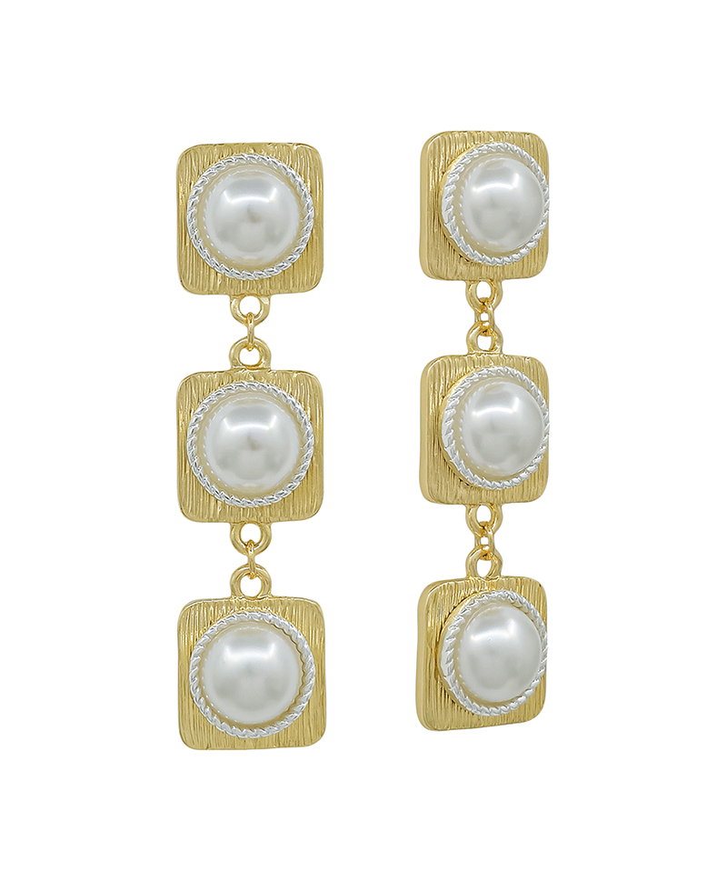 3 Drop Square Texture Metal w/ Pearl Post Earring - 2.0"