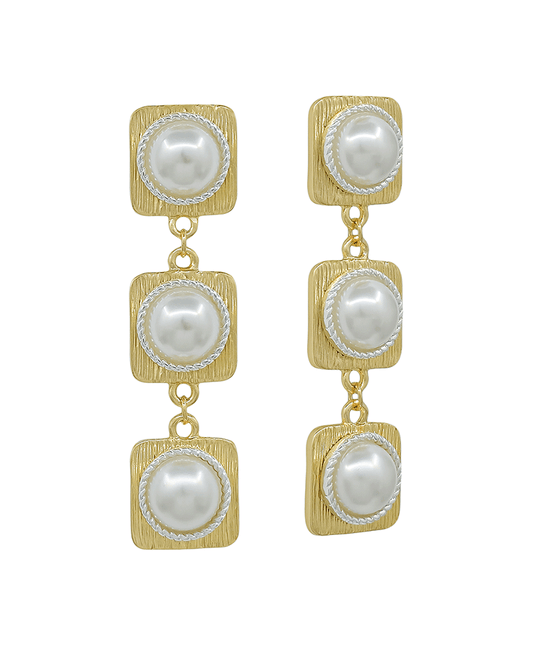 3 Drop Square Texture Metal w/ Pearl Post Earring - 2.0"