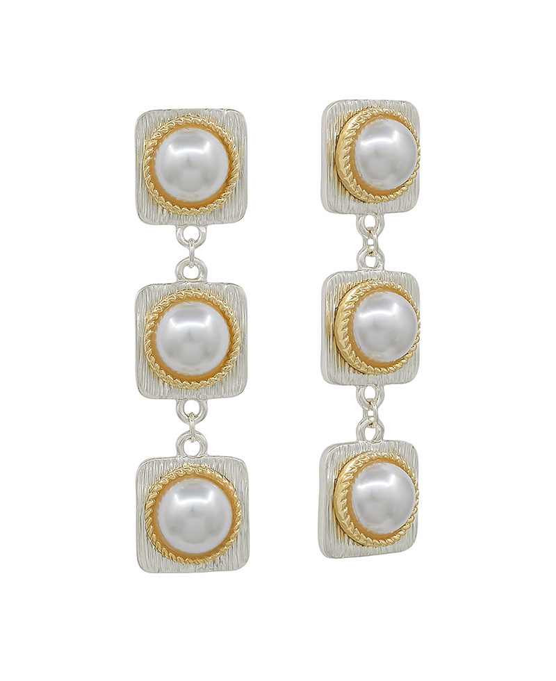 3 Drop Square Texture Metal w/ Pearl Post Earring - 2.0"