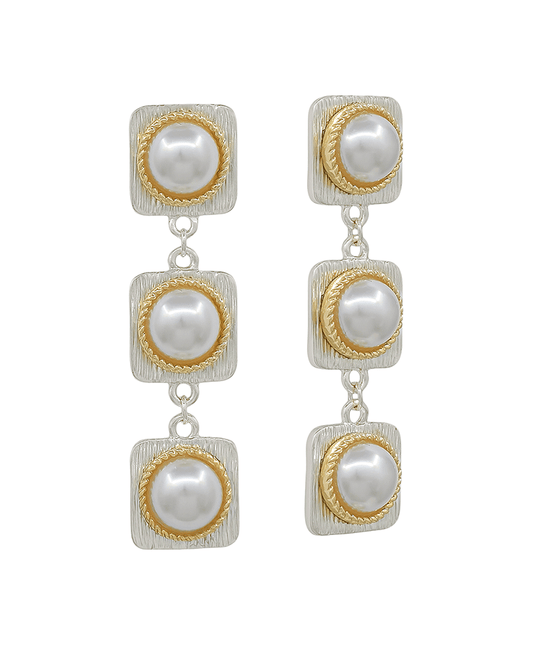 3 Drop Square Texture Metal w/ Pearl Post Earring - 2.0"