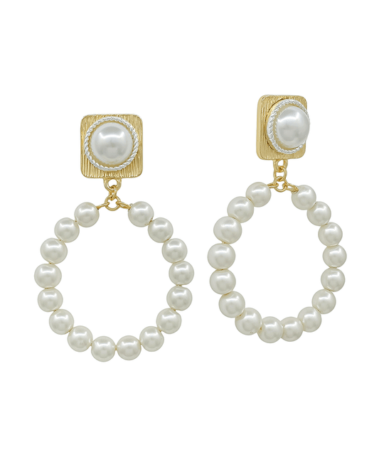 Square Metal w/ Pearl & Round Drop Post Earring - 2.0"