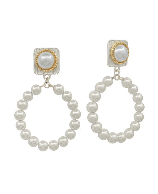 Square Metal w/ Pearl & Round Drop Post Earring - 2.0"