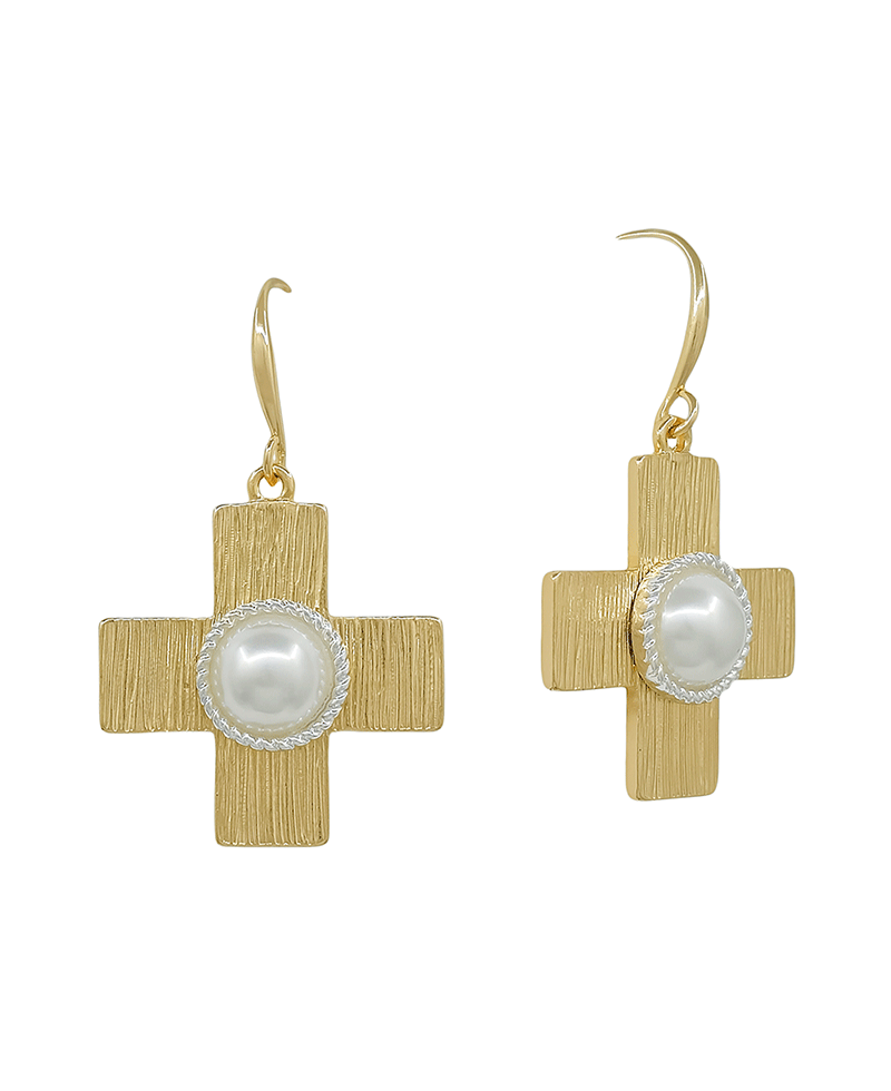 Texture Metal Cross w/ Pearl Earring - 1.0"