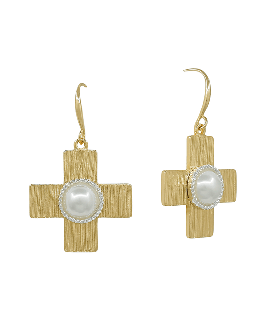 Texture Metal Cross w/ Pearl Earring - 1.0"