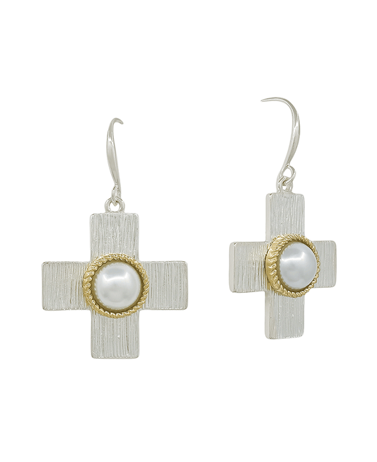 Texture Metal Cross w/ Pearl Earring - 1.0"