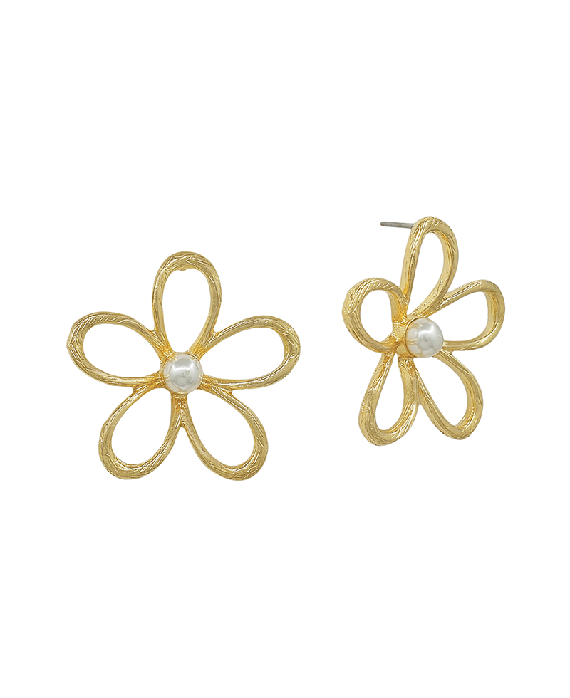 Metal Flower w/ Pearl Post Earring - 1.0"