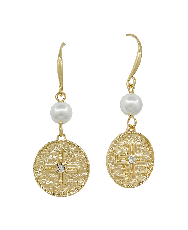 Pearl w/ Cross Coin Drop Earring - 1.2"
