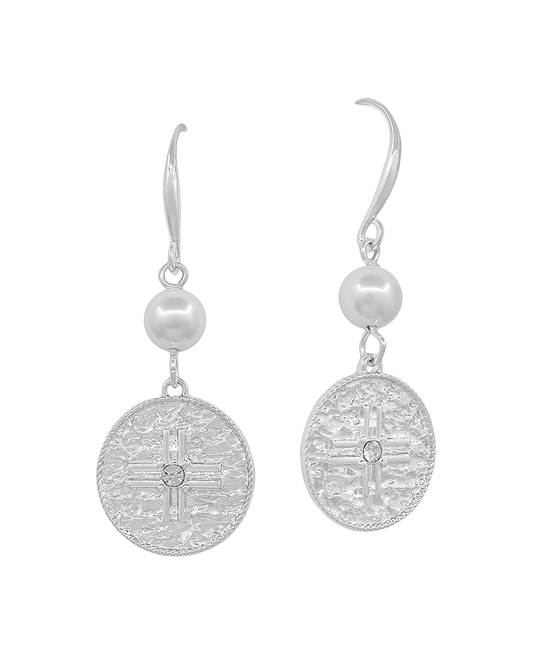 Pearl w/ Cross Coin Drop Earring - 1.2"