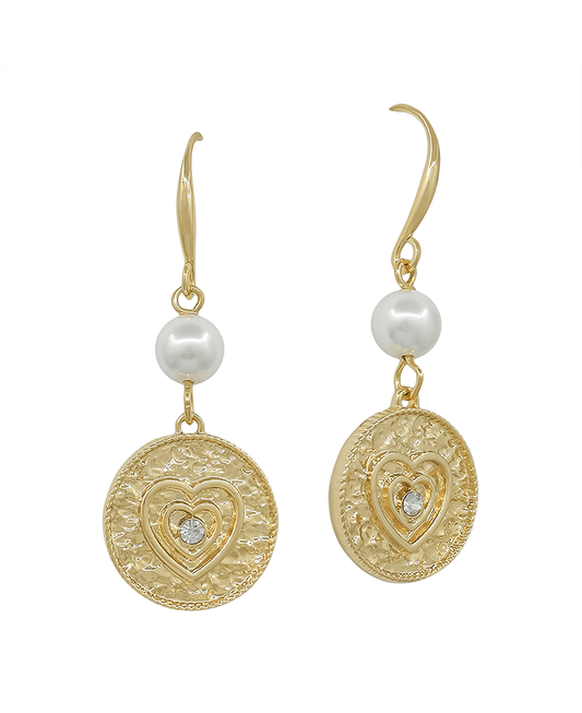Pearl w/ Heart Coin Drop Earring - 1.2"
