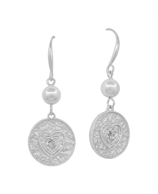 Pearl w/ Heart Coin Drop Earring - 1.2"