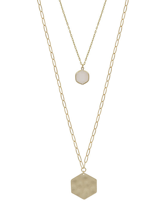 Hexagon Stone & Metal Pendant Necklace
