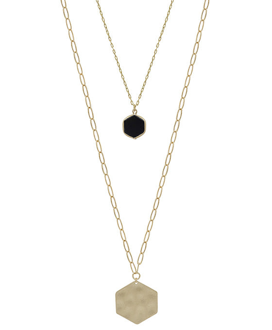 Hexagon Stone & Metal Pendant Necklace
