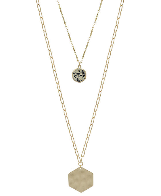 Hexagon Stone & Metal Pendant Necklace