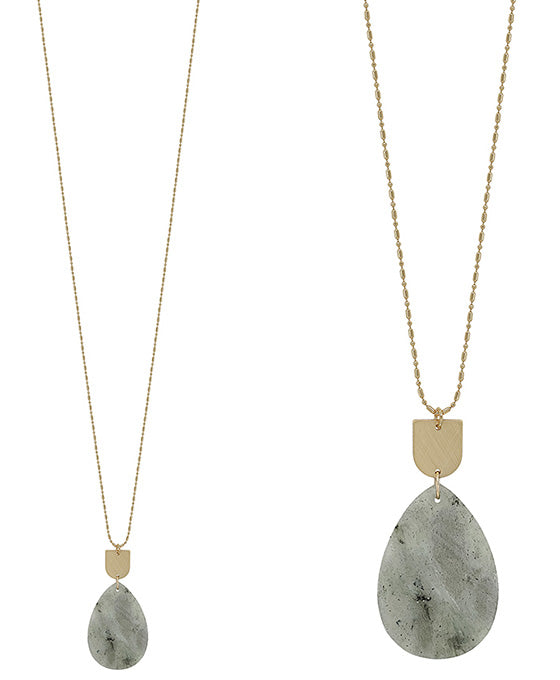 Teardrop Semi Stone w/ Metal Pendant Necklace