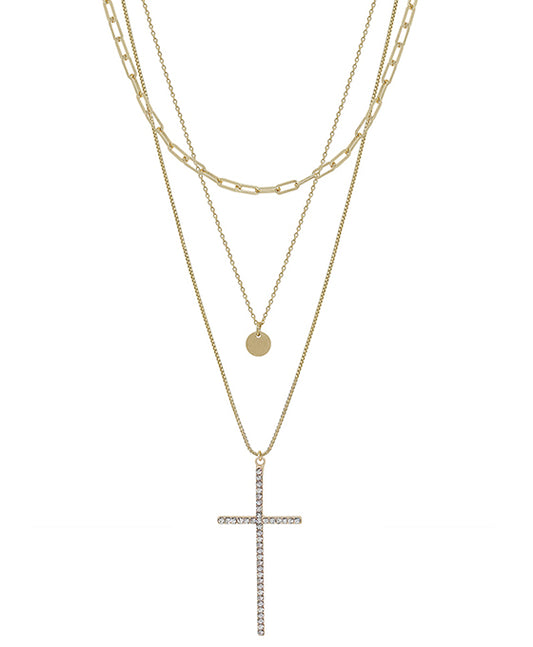 Pave Cross Pendant Chain Layered Short Necklace