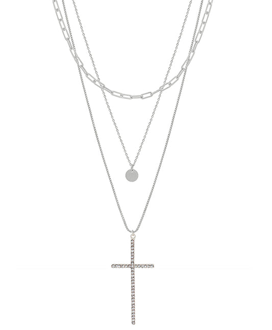 Pave Cross Pendant Chain Layered Short Necklace