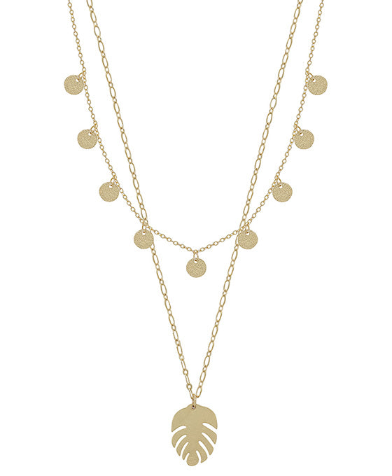Satin Circle Charm & Leaf Pendant Short Necklace