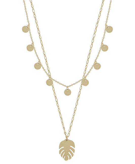 Satin Circle Charm & Leaf Pendant Short Necklace