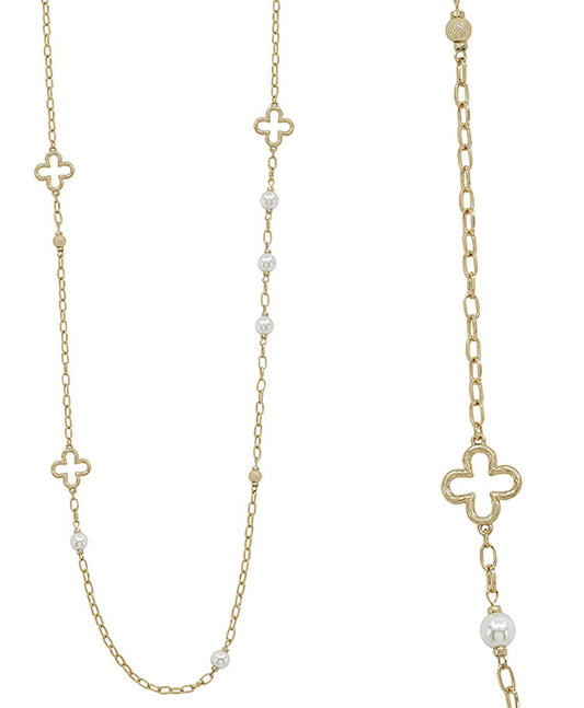 Metal Clover & Glass Pearl Chain Long Necklace