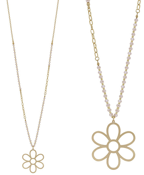 Flower Pendant 4mm Glass Bead w/ Chain Necklace