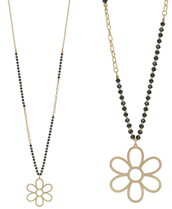 Flower Pendant 4mm Glass Bead w/ Chain Necklace