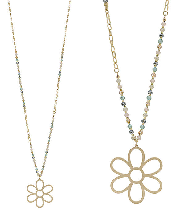 Flower Pendant 4mm Glass Bead w/ Chain Necklace