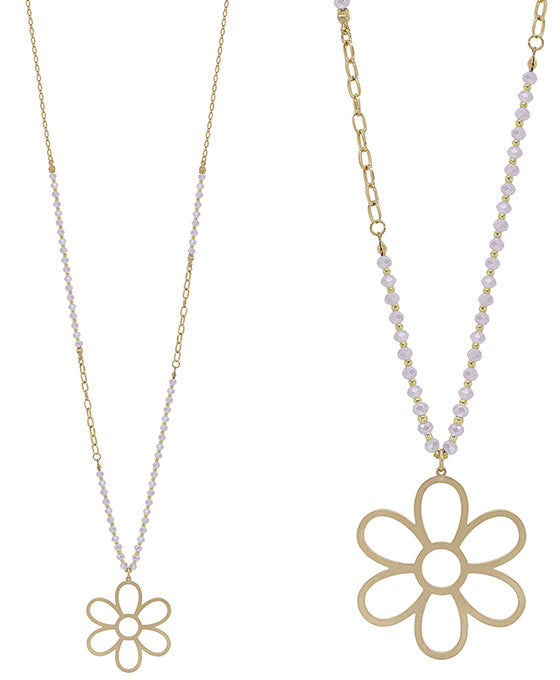 Flower Pendant 4mm Glass Bead w/ Chain Necklace