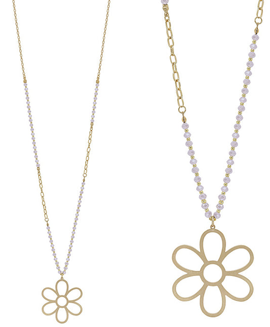 Flower Pendant 4mm Glass Bead w/ Chain Necklace