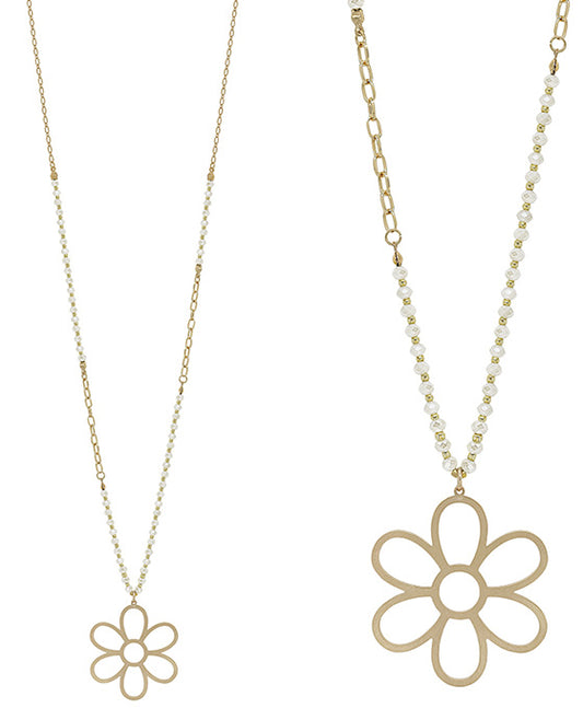 Flower Pendant 4mm Glass Bead w/ Chain Necklace