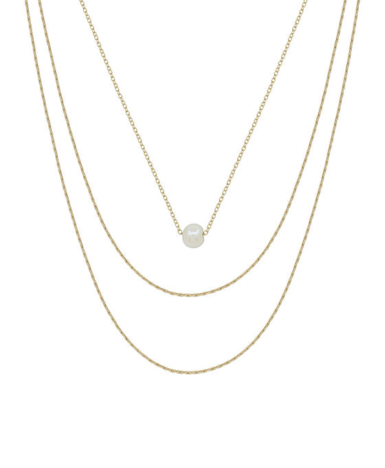 3 Layered Chain w/ Pearl Pendant Short Necklace