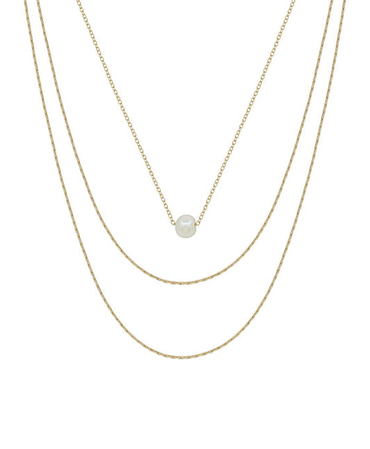 3 Layered Chain w/ Pearl Pendant Short Necklace
