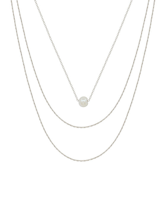 3 Layered Chain w/ Pearl Pendant Short Necklace
