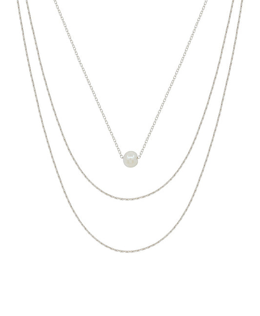 3 Layered Chain w/ Pearl Pendant Short Necklace