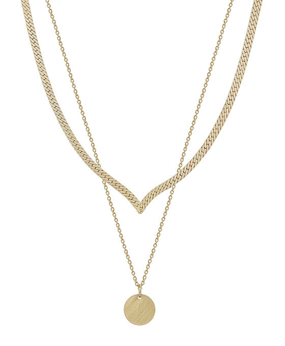 Round Pendant & V Shape Snake Chain Short Necklace
