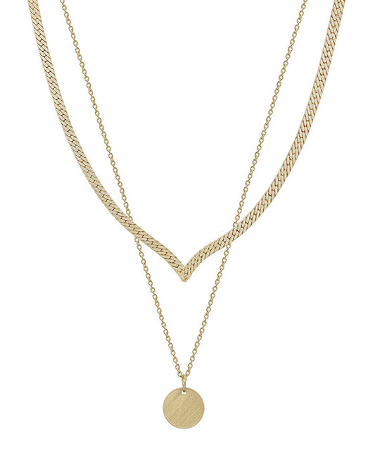Round Pendant & V Shape Snake Chain Short Necklace