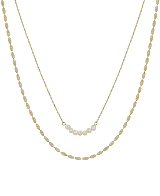 Double Layer Oval Chain & Fresh Pearl Short Necklace