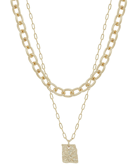 Hammered Texture Square Layered Short Necklace