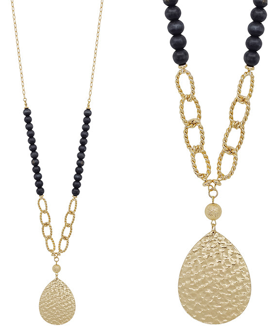 Teardrop Metal w/ Chain & Wood Bead Necklace
