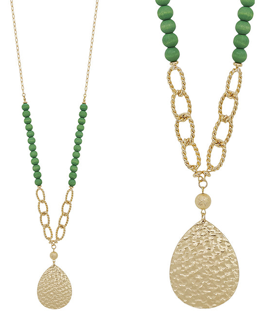 Teardrop Metal w/ Chain & Wood Bead Necklace