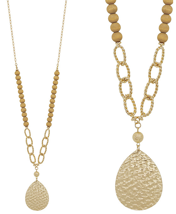 Teardrop Metal w/ Chain & Wood Bead Necklace