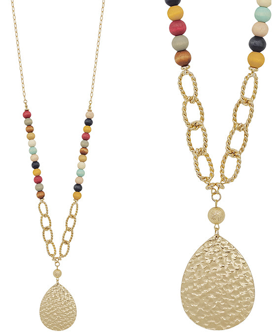 Teardrop Metal w/ Chain & Wood Bead Necklace