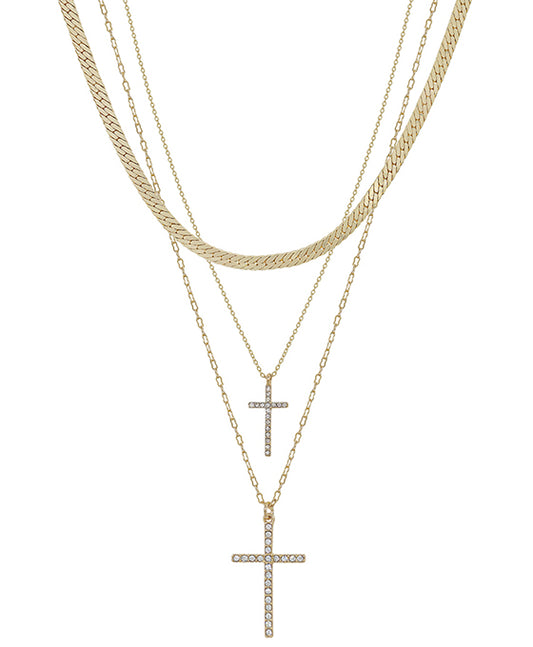 Double Cross Pave Pendant w/ Snake Chain Necklace
