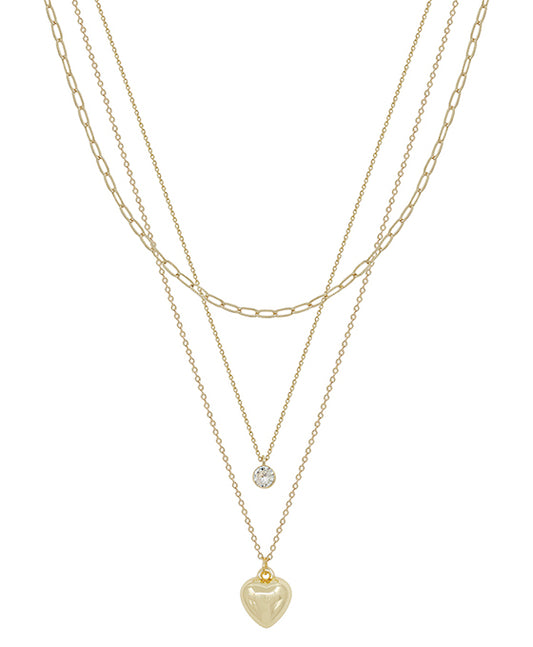 3 Layered Heart & Crystal Pendant Short Necklace