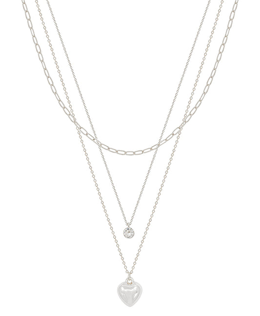 3 Layered Heart & Crystal Pendant Short Necklace