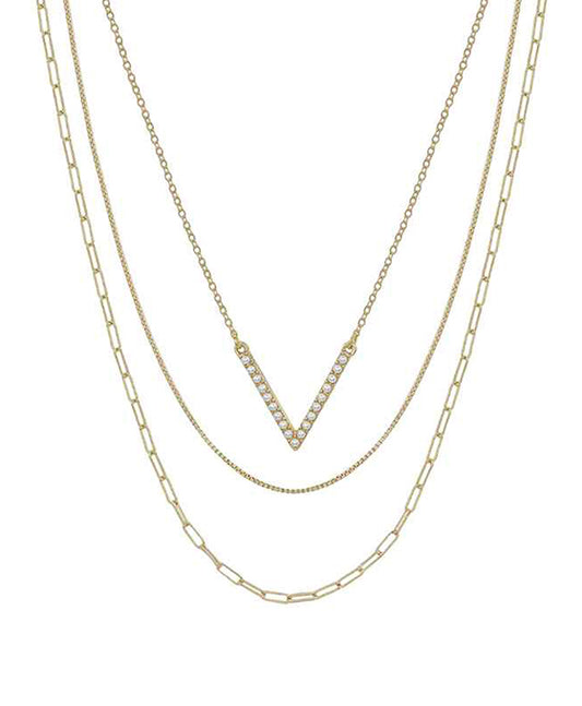 V Shape Pearl Pendant 3 Layered Short Necklace