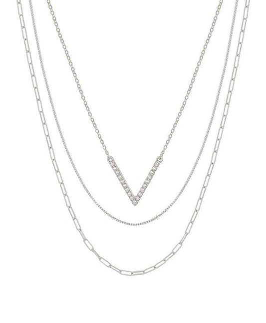 V Shape Pearl Pendant 3 Layered Short Necklace