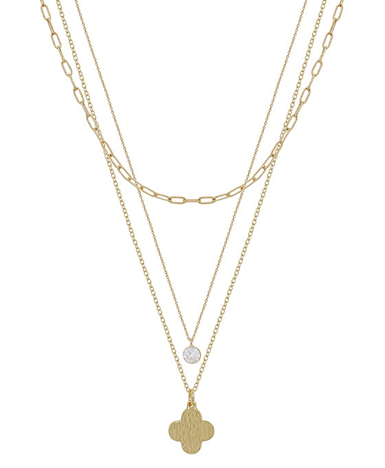 Clover & Crystal Charm 3 Layer Short Necklace