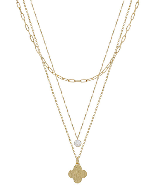 Clover & Crystal Charm 3 Layer Short Necklace