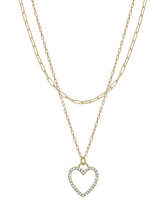 Heart Pave Pendant Double Layered Short Necklace