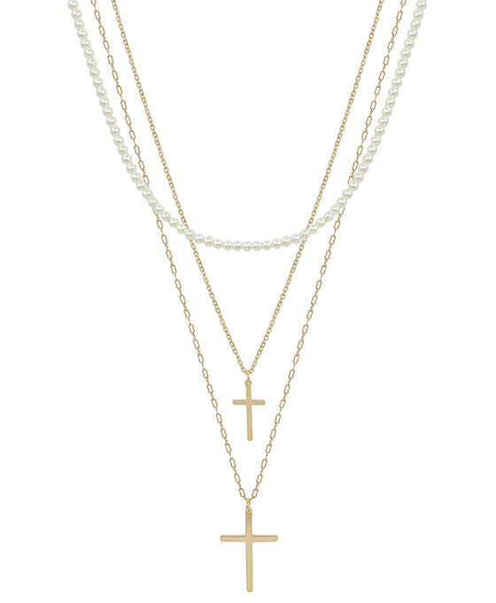 Double Cross Pendant Pearl Layered Short Necklace